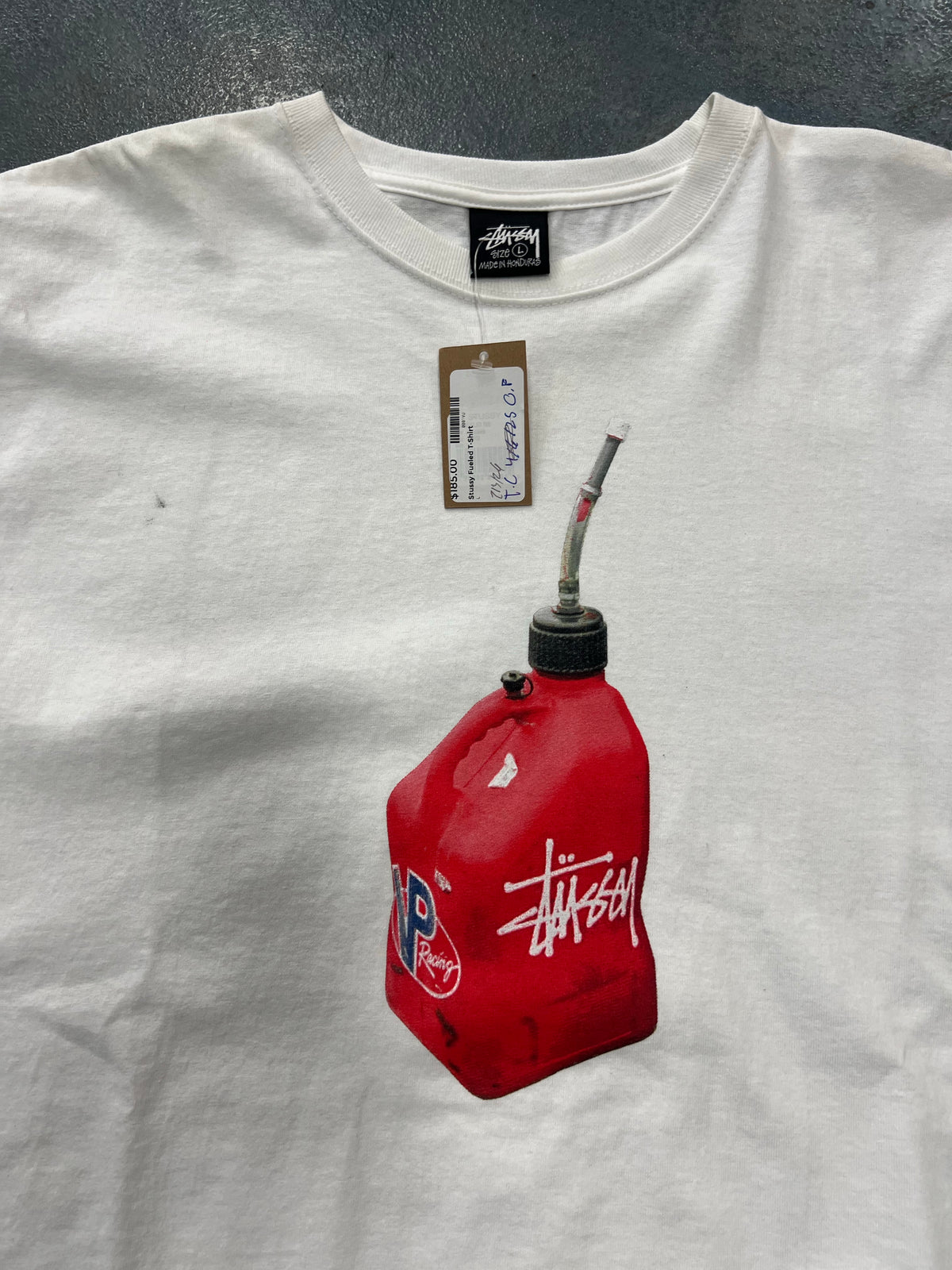 Stussy Fueled Tee T-Shirt Racing Gas Can Fog Light Gray L Large -