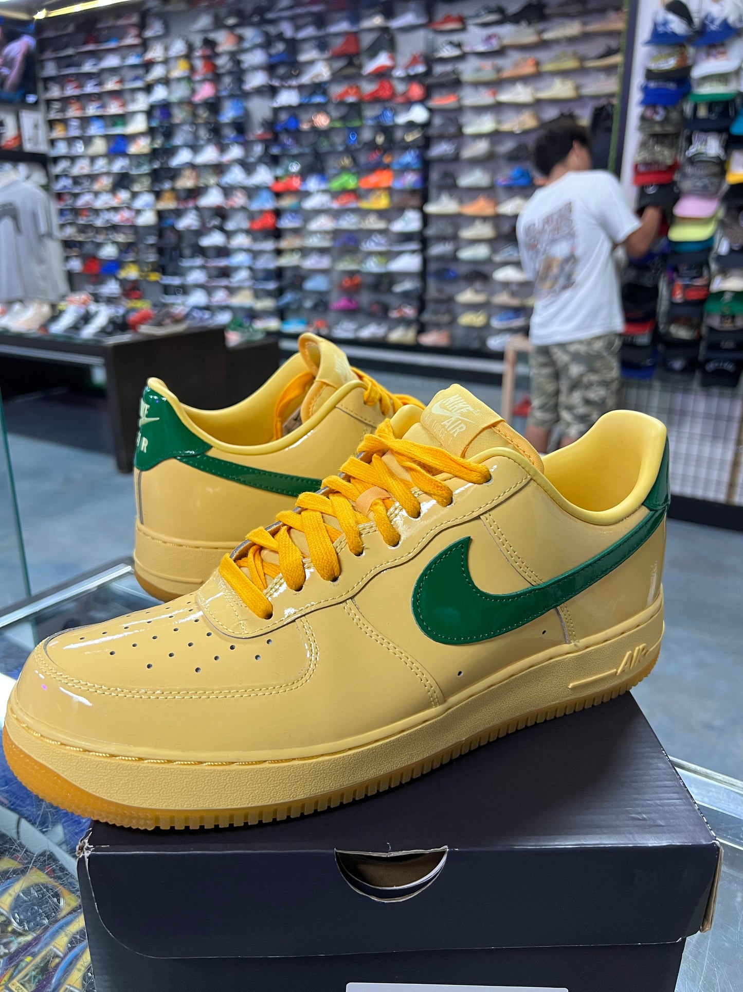 Nike Air Force 1 Low Patent Leather Topaz Gold Pine Green