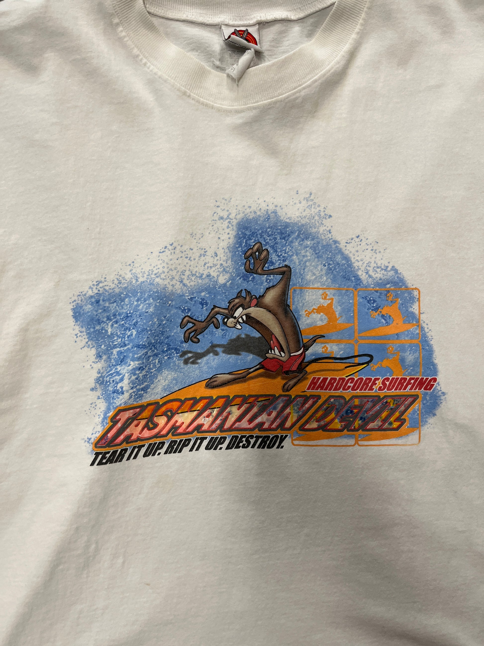 Looney Tunes Hardcore Surfing Solid White Sleeveless Tee With Tasmanian Devil OTF