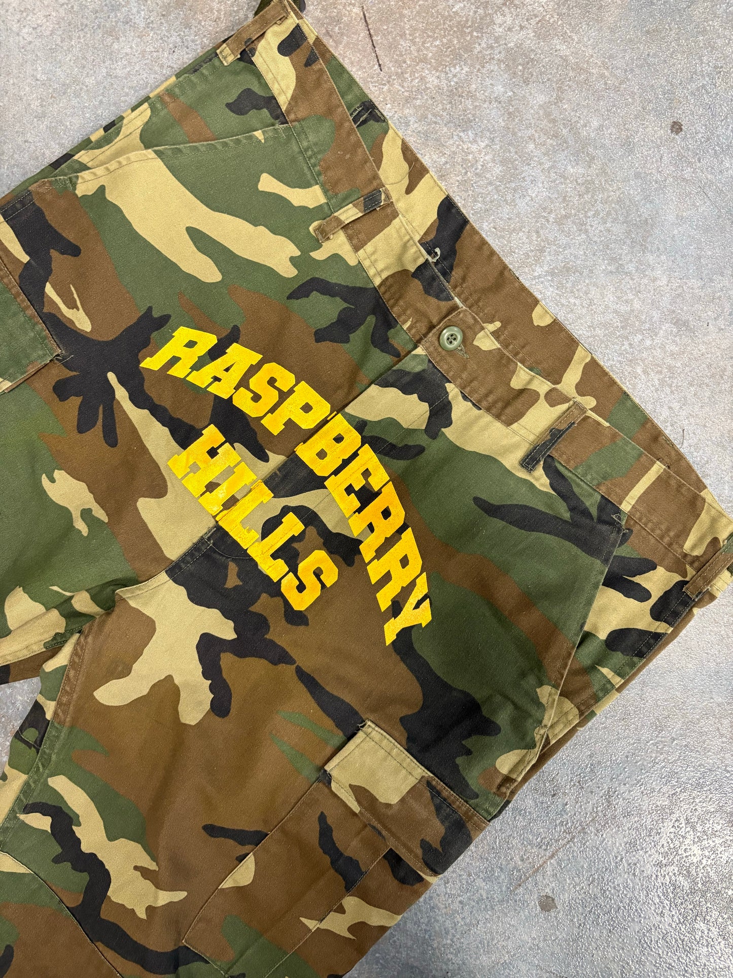 Raspberry Hills Camo Yellow Writting Pants OTF