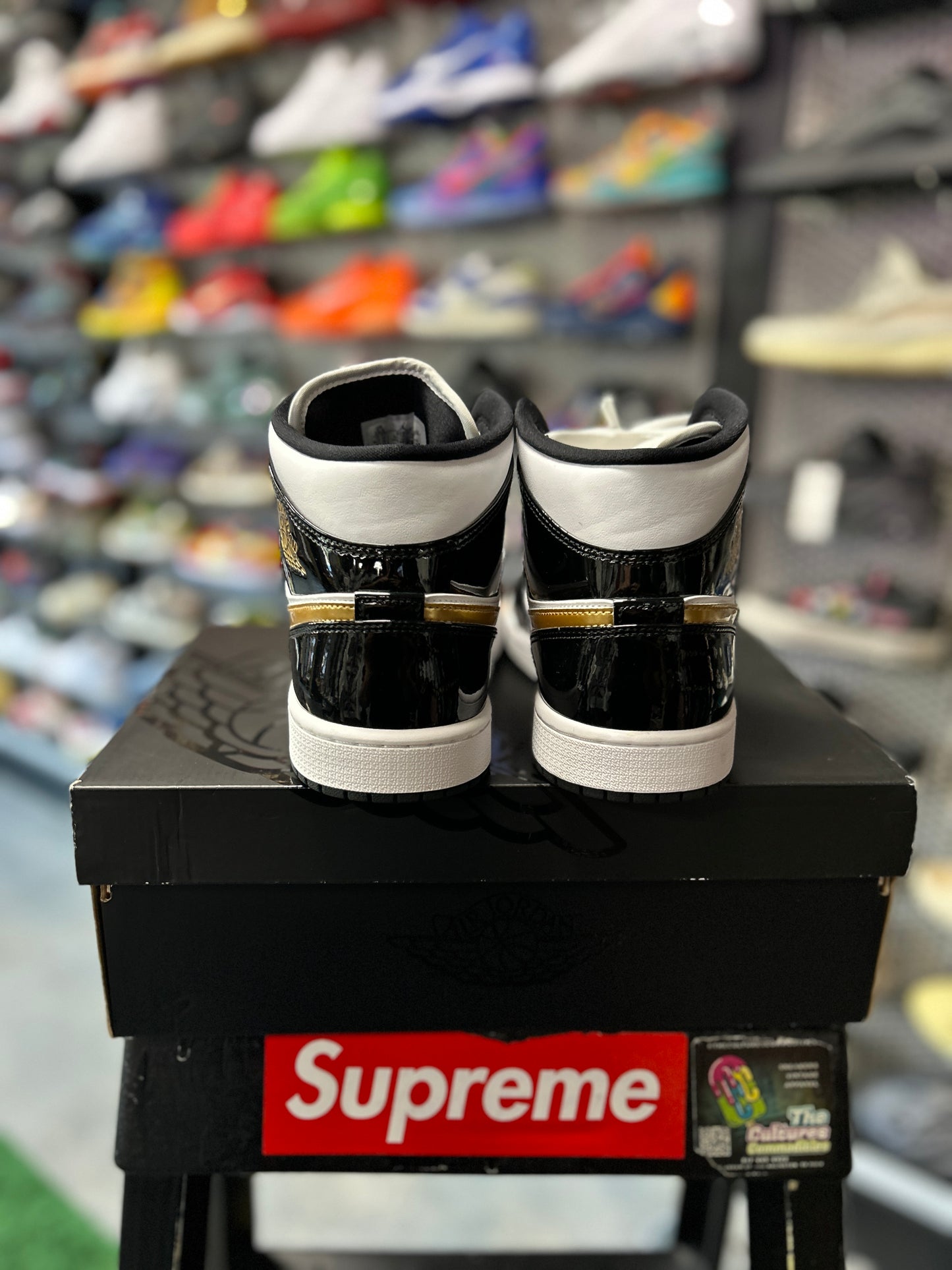 Jordan 1 Mid Patent Black White Gold