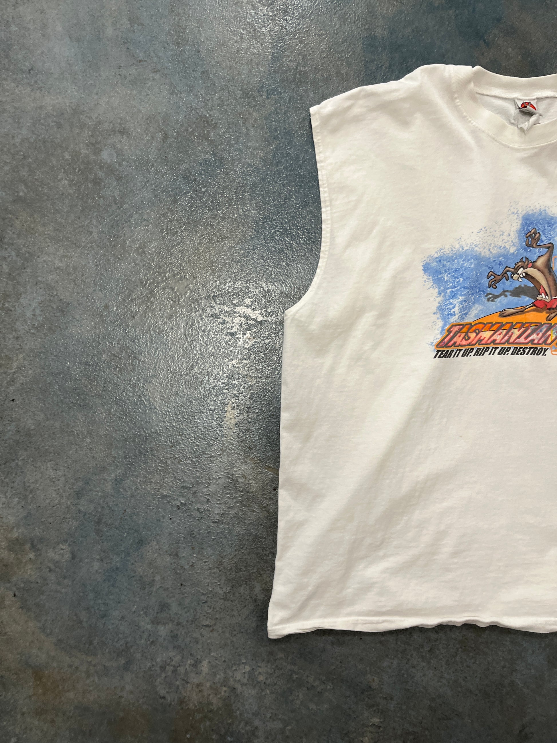 Looney Tunes Hardcore Surfing Solid White Sleeveless Tee With Tasmanian Devil OTF