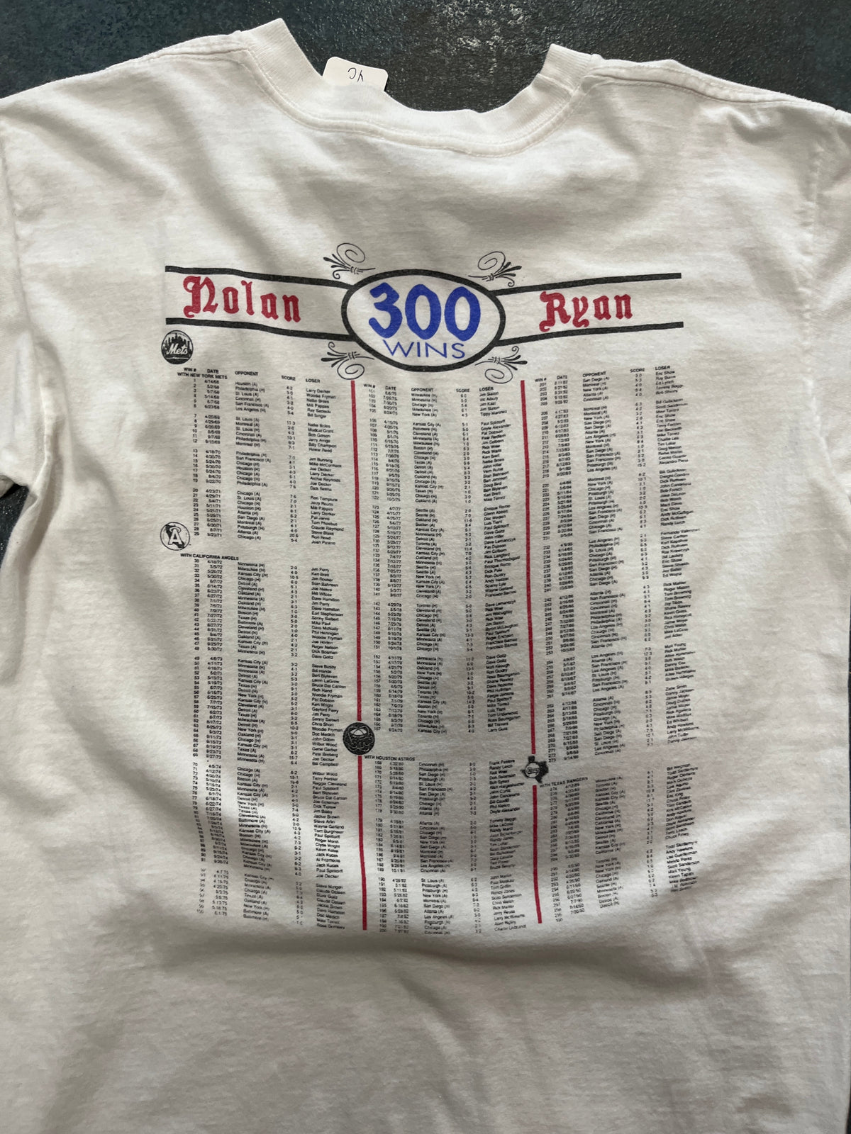 Vintage Salem Sportswear Nolan Ryan Rangers “300 Wins” White Graphic T-Shirt OTF