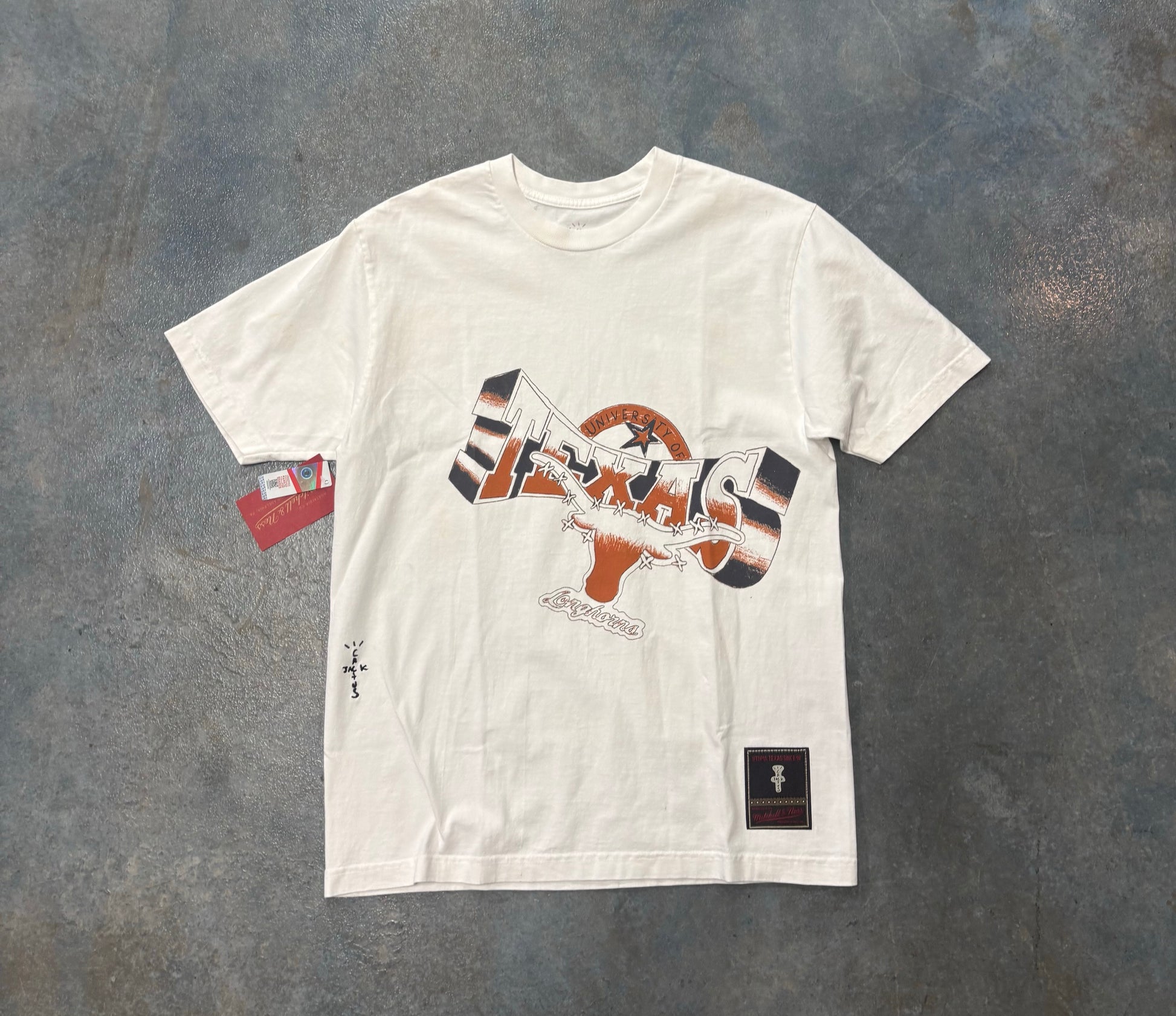 Travis Scott x Mitchell & Ness Texas Longhorns Hand-Drawn T-Shirt White OTF B47