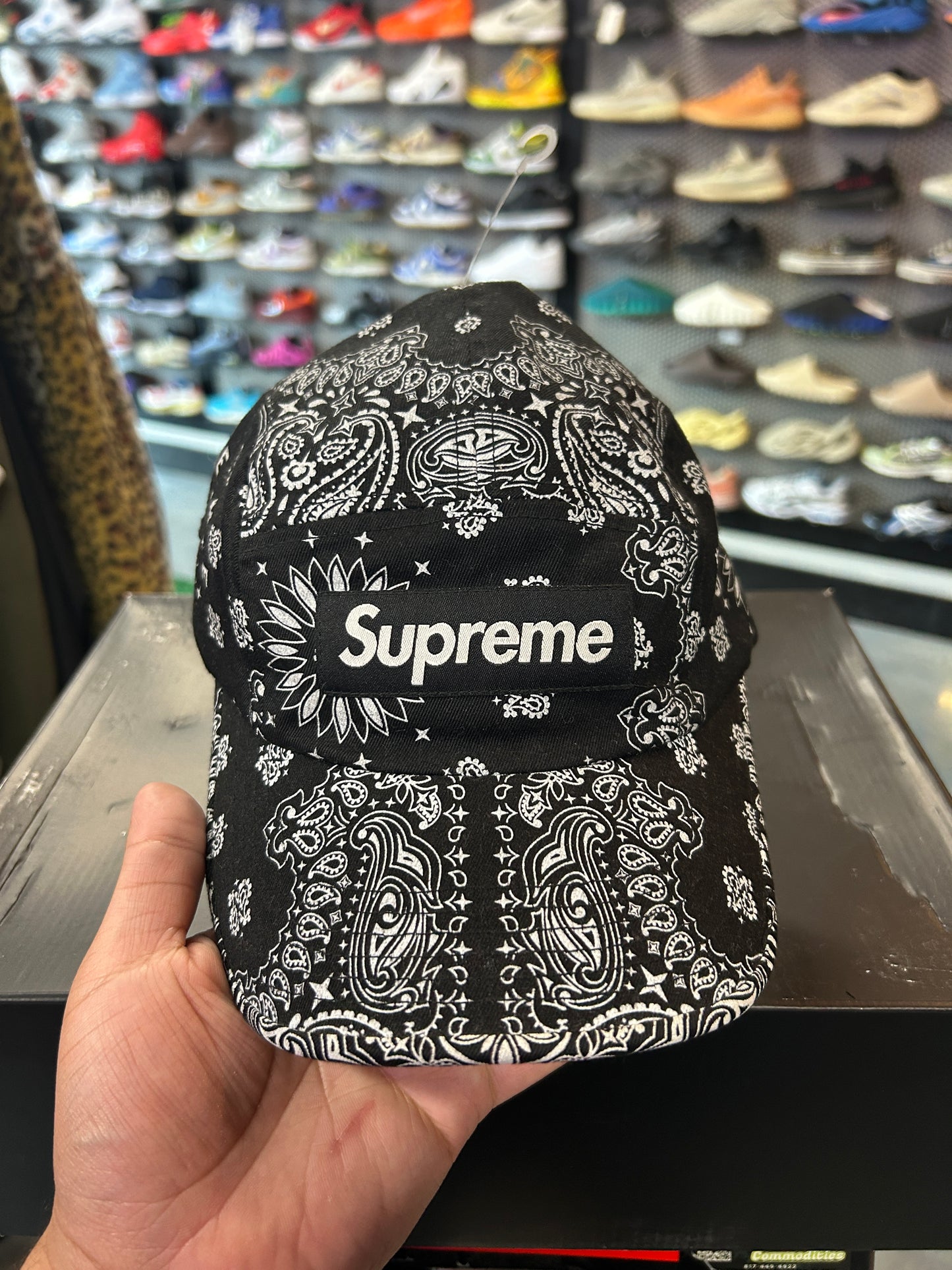 Supreme Bandana Camp Cap Black Damaged strap OTF