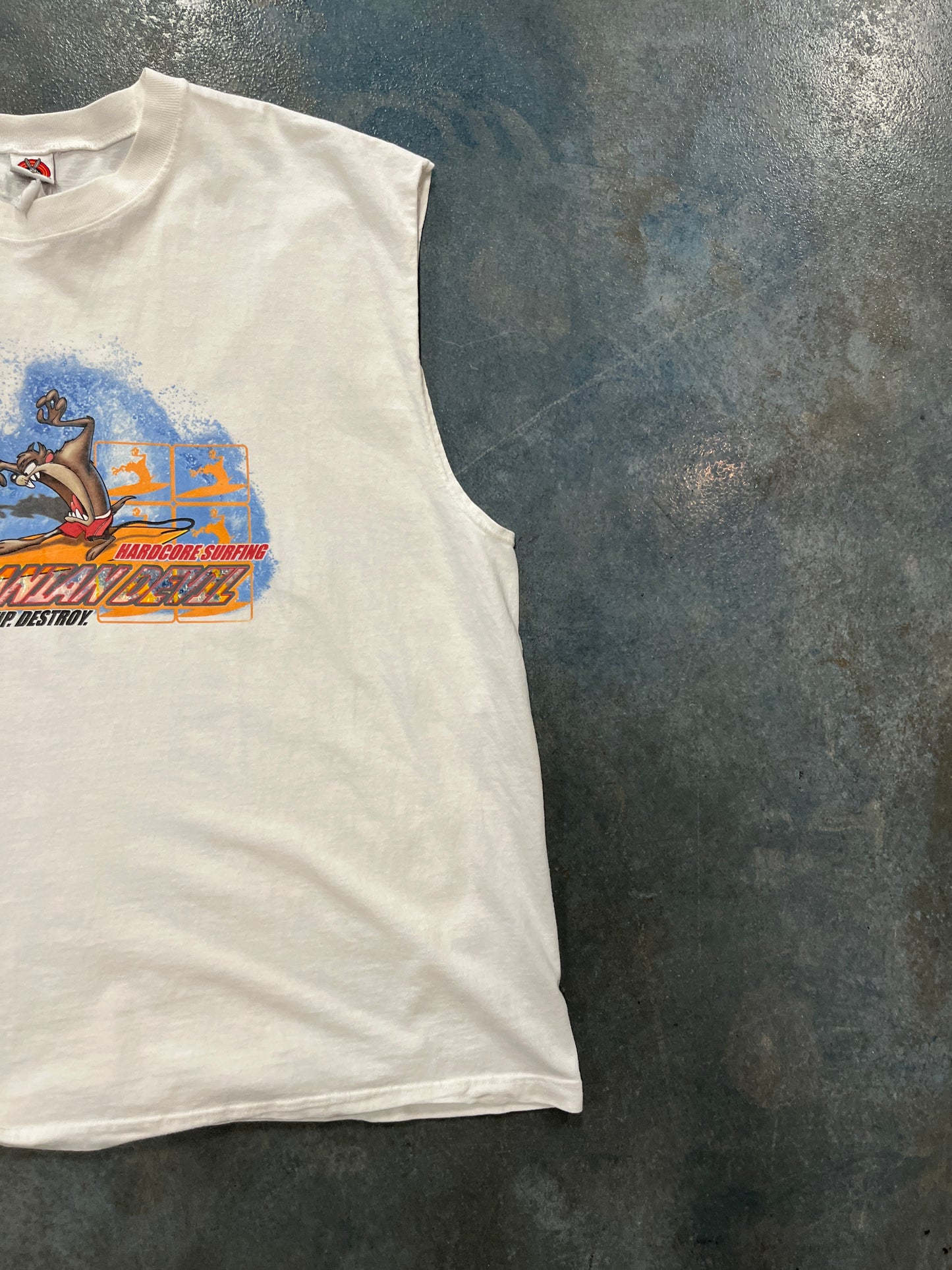 Looney Tunes Hardcore Surfing Solid White Sleeveless Tee With Tasmanian Devil OTF