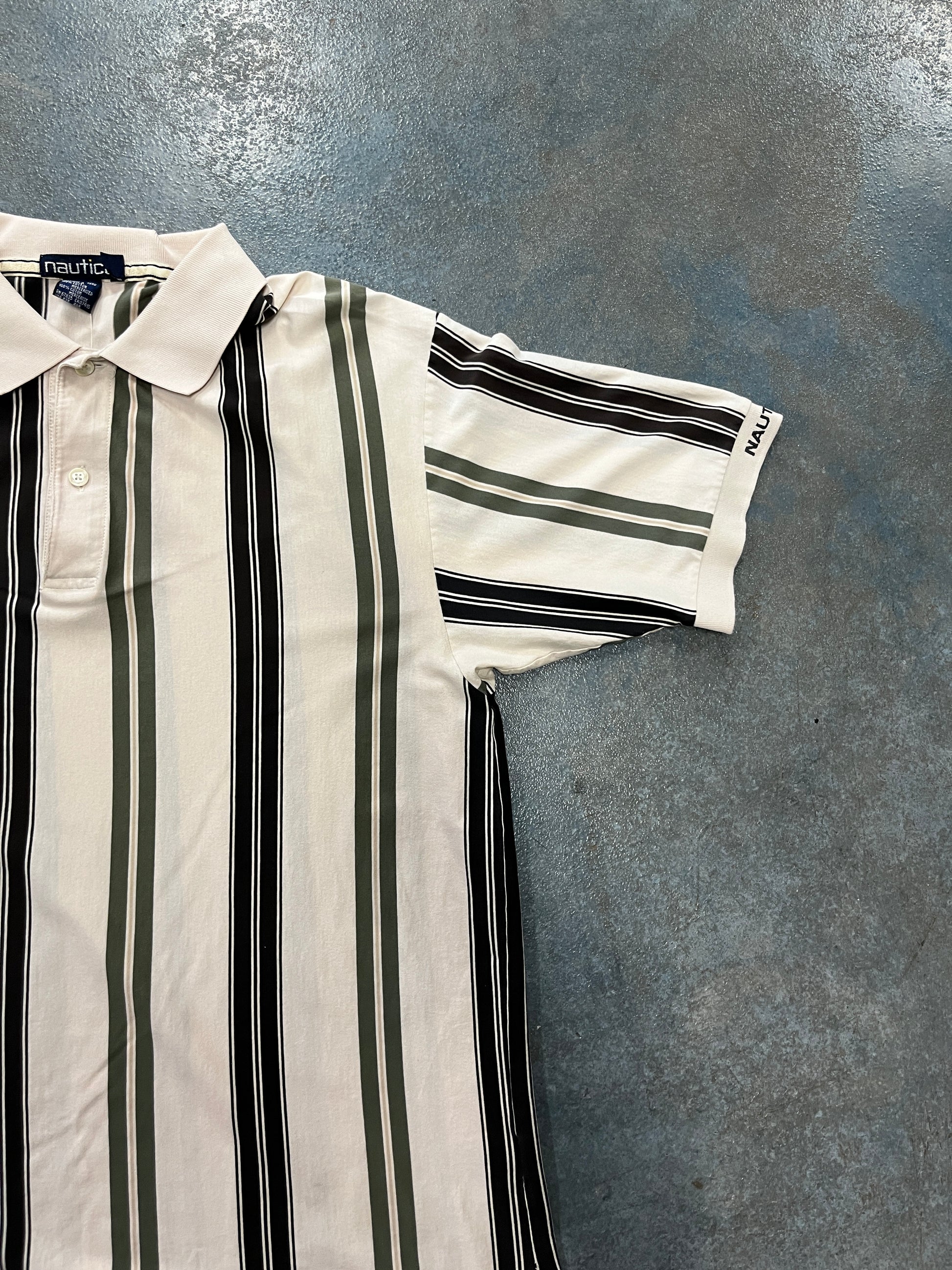 Nautica white black green striped button up shirt OTF