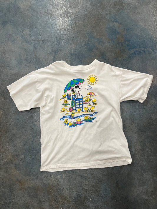 Vintage 90s Peanuts Snoopy & Woodstock Beach White T-Shirt OTF
