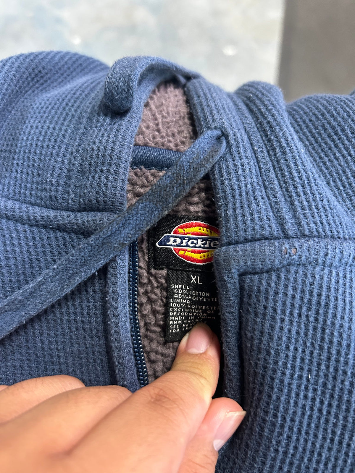 Vintage Dickies Waffle Knit Sherpa Lined Zip up Hoodie Jacket Mens XL Blue Heavyweight