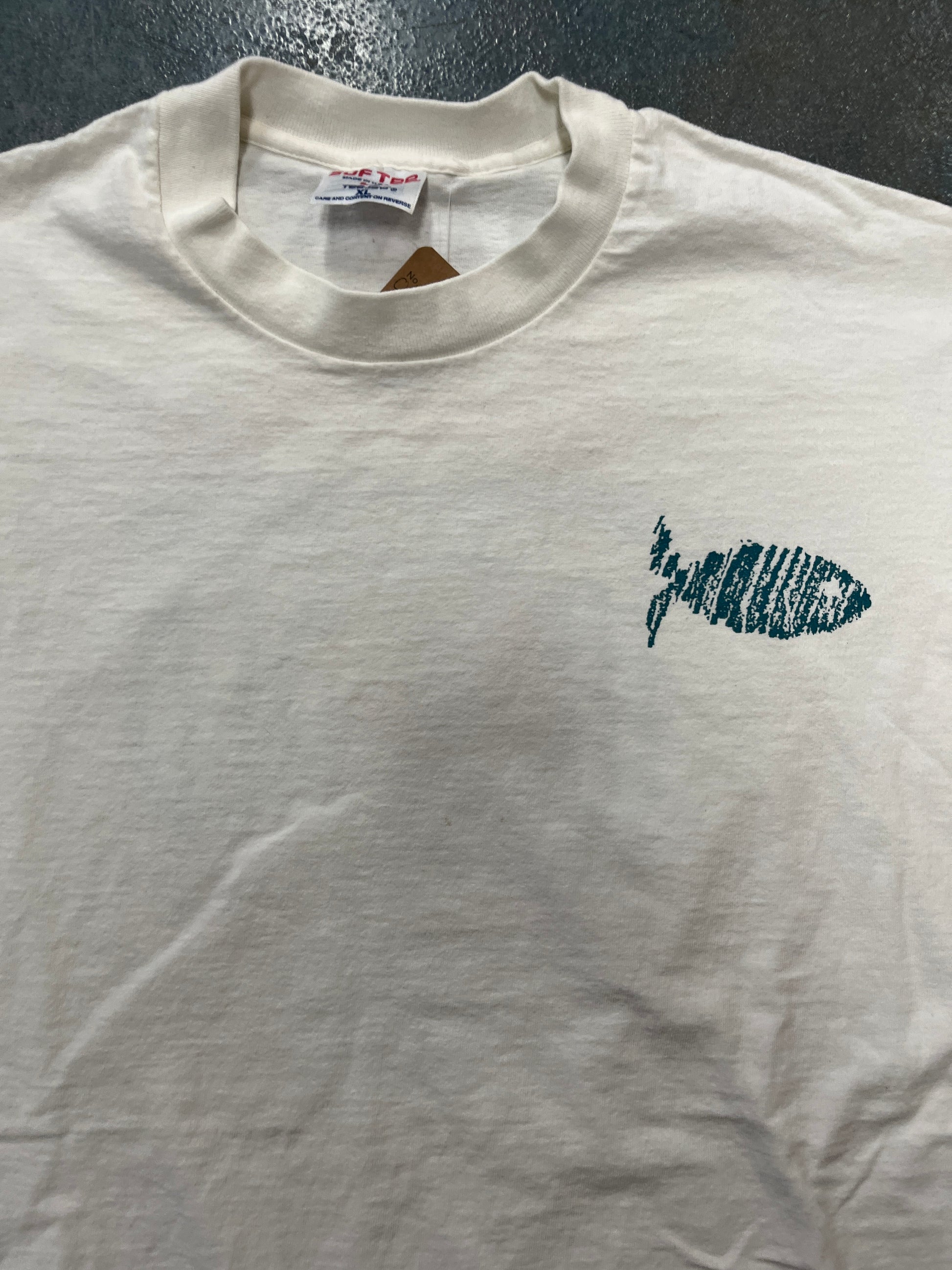 Vintage 90s Solid White ‘You Can Make A Difference’ T-Shirt Crayon Drawn Fish On Peck OTF (YC)