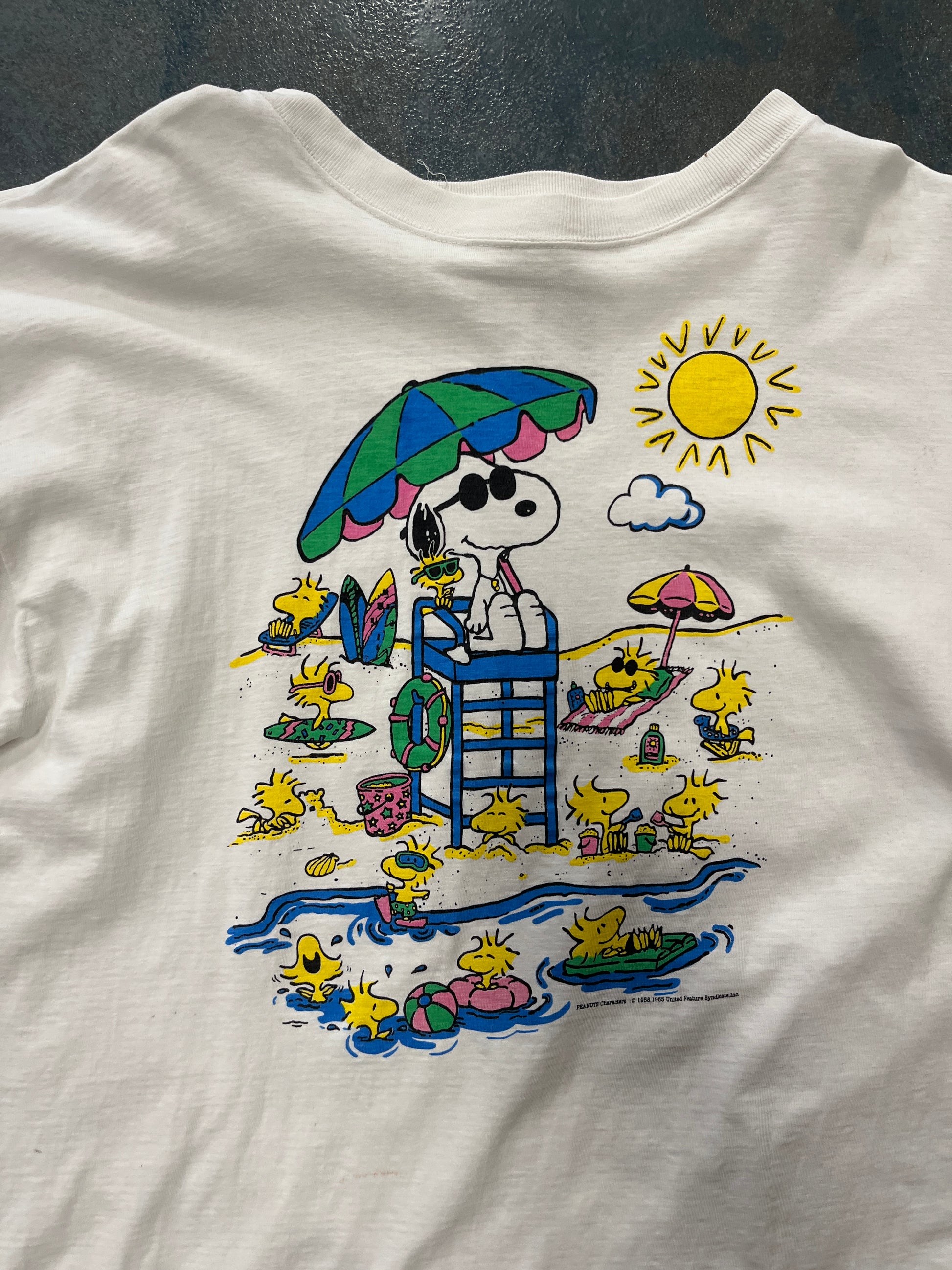 Vintage 90s Peanuts Snoopy & Woodstock Beach White T-Shirt OTF