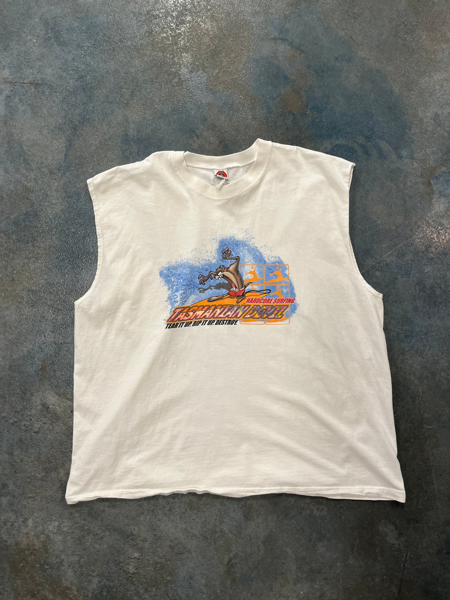 Looney Tunes Hardcore Surfing Solid White Sleeveless Tee With Tasmanian Devil OTF