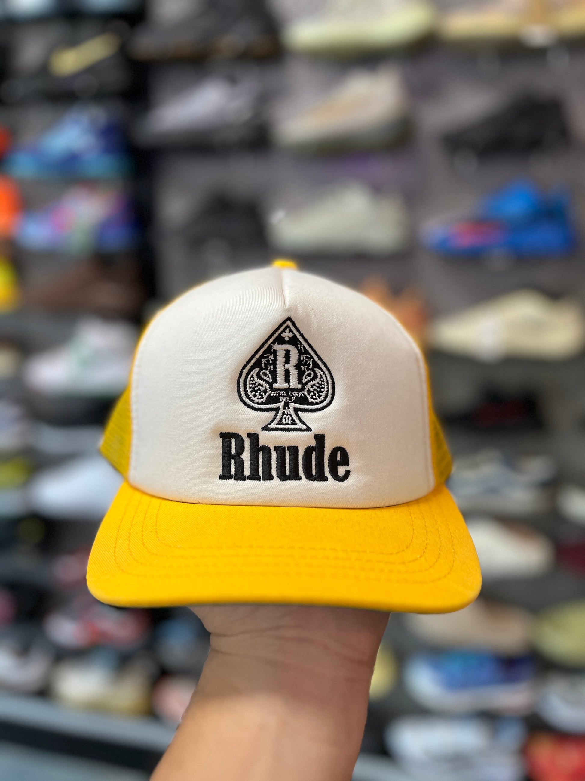 Rhude Yellow White Trucker Hat OTF