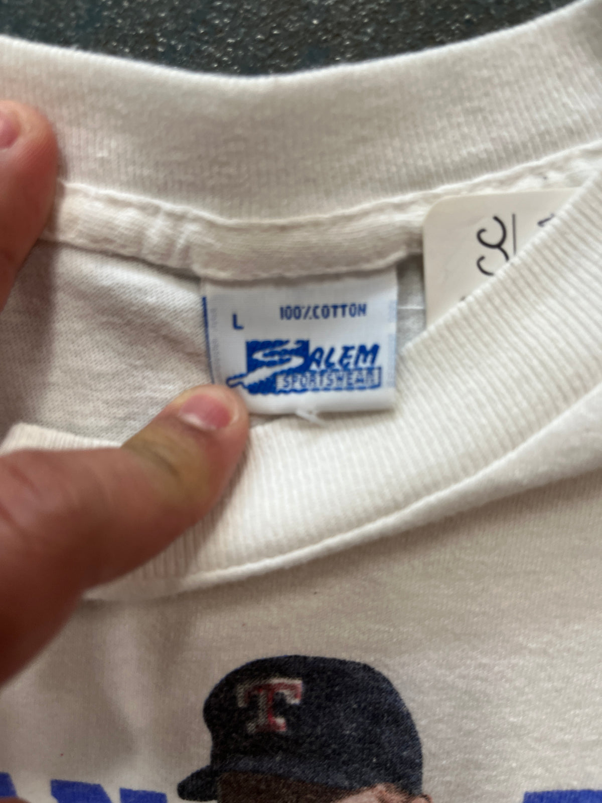 Vintage Salem Sportswear Nolan Ryan Rangers “300 Wins” White Graphic T-Shirt OTF