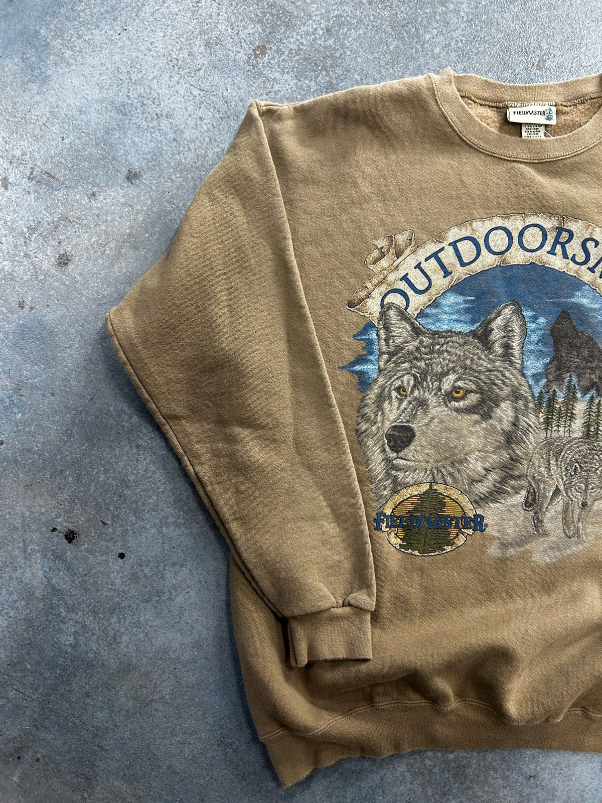 Vintage Filedmaster Outdoormen Wolf Crewneck Sweatshirt Large Khaki Made in USA 90s