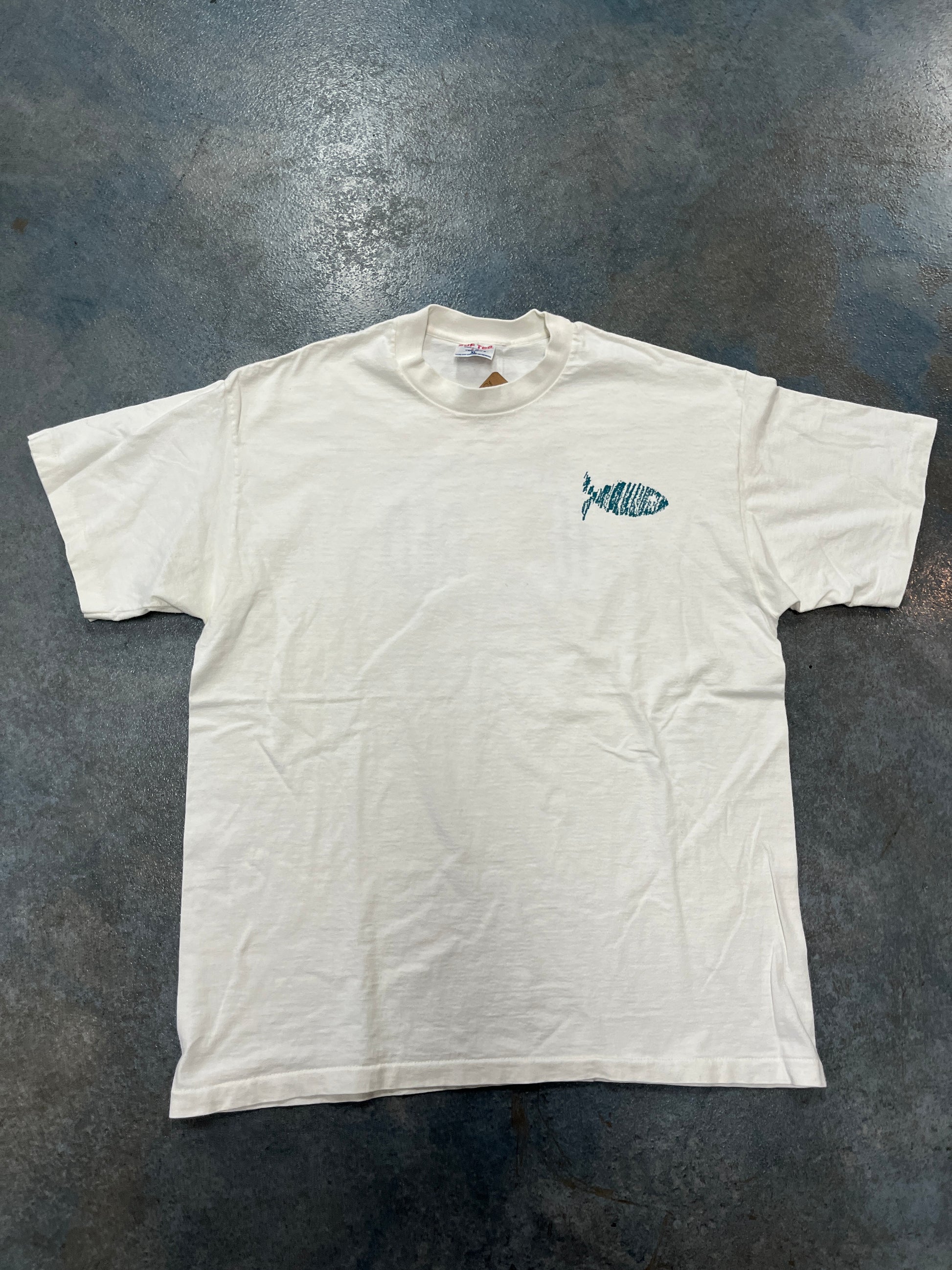 Vintage 90s Solid White ‘You Can Make A Difference’ T-Shirt Crayon Drawn Fish On Peck OTF (YC)