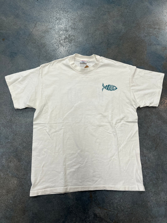 Vintage 90s Solid White ‘You Can Make A Difference’ T-Shirt Crayon Drawn Fish On Peck OTF (YC)