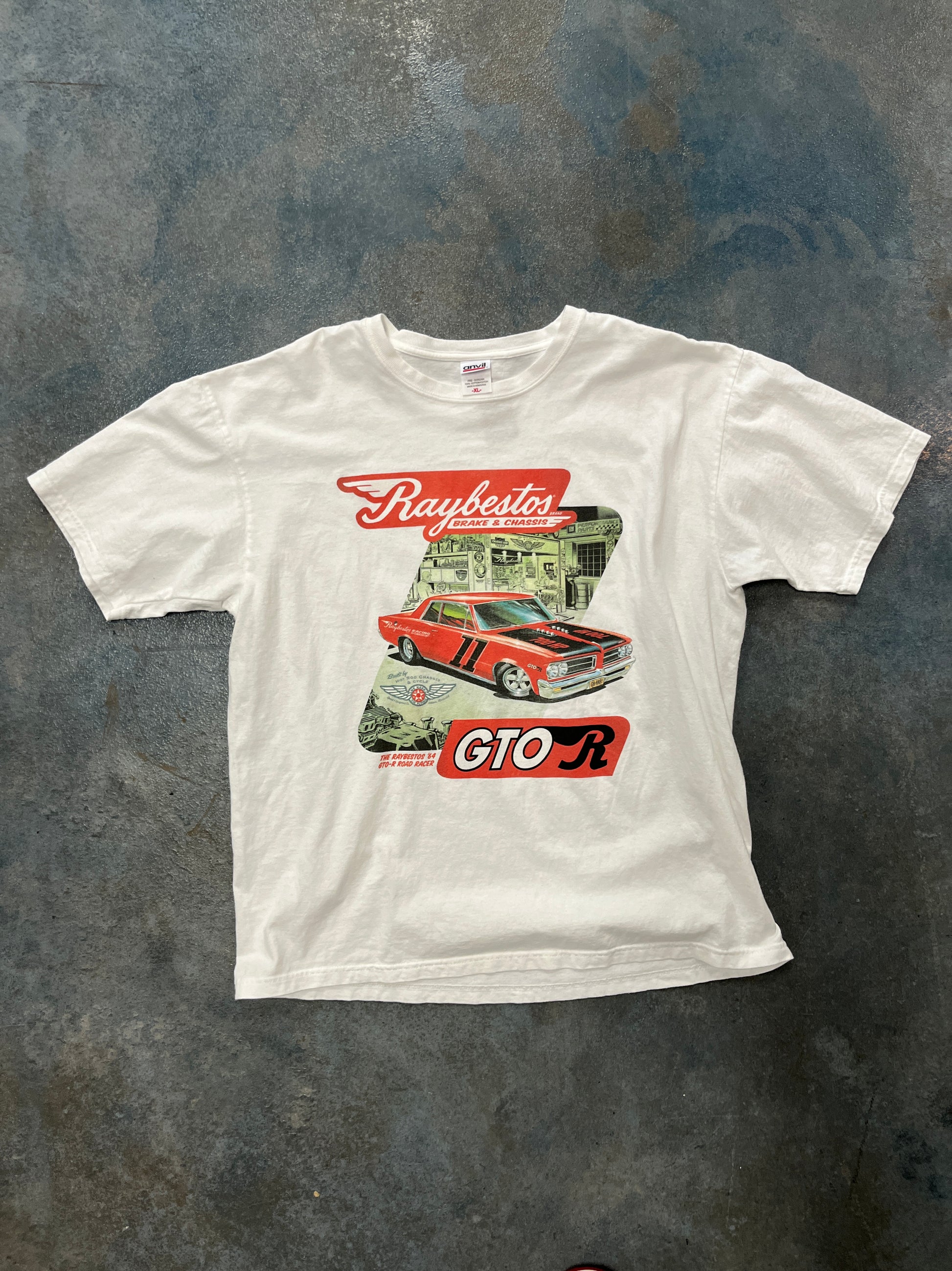 Vintage GTO-R Car Raybestons Brake & Chassis White Anvil Graphic T-Shirt OTF