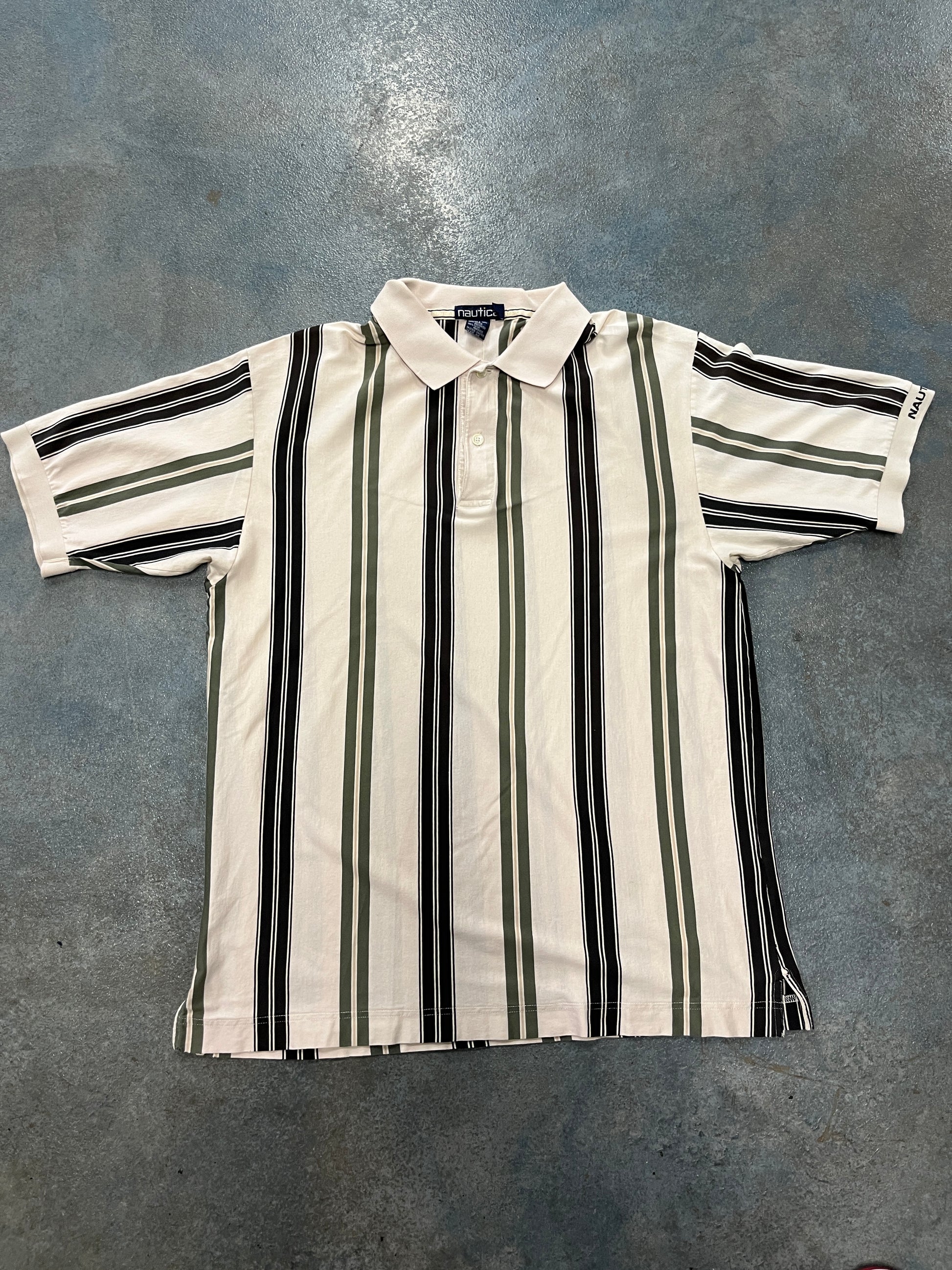 Nautica white black green striped button up shirt OTF