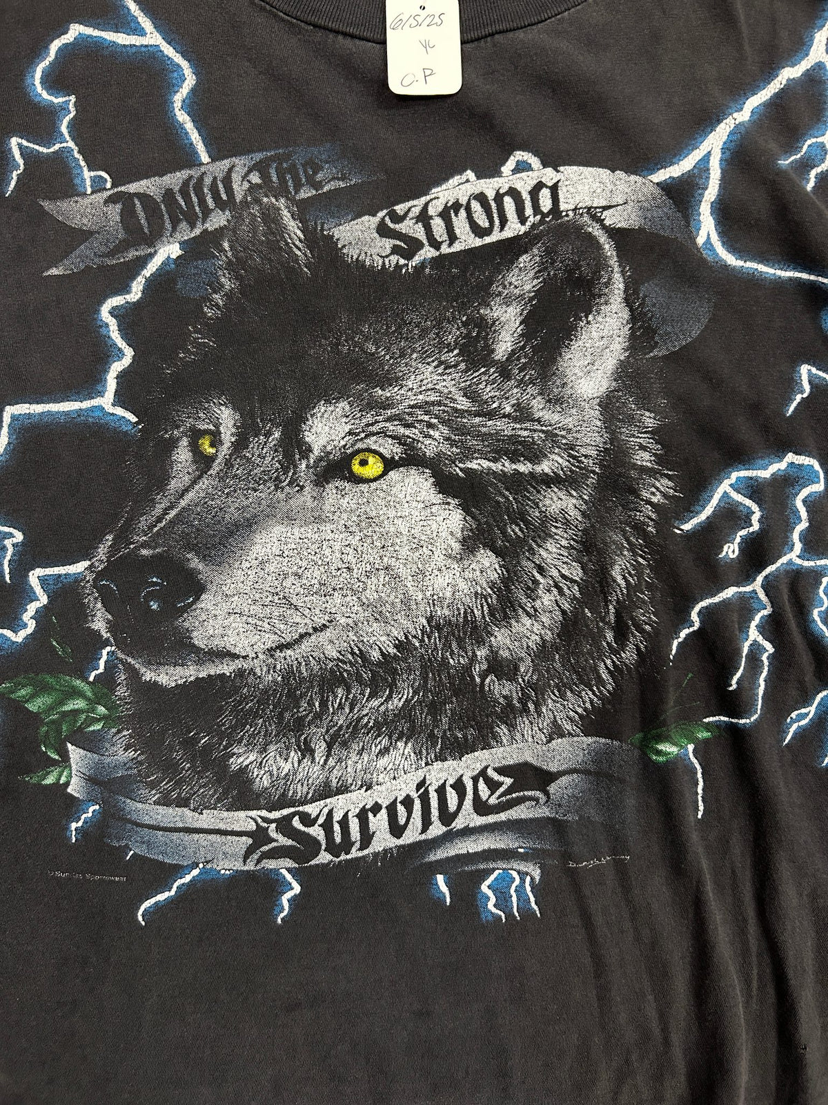 Vintage American Thunder Only the strong Wolf Black Tee
