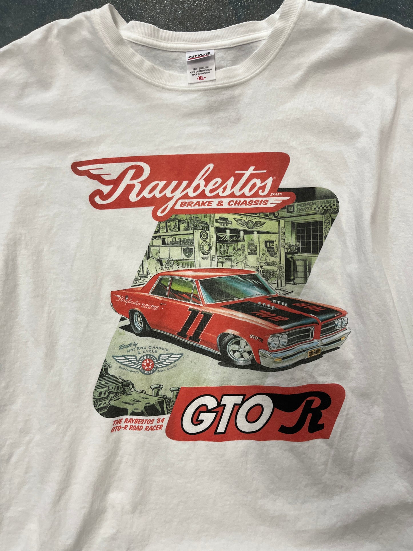 Vintage GTO-R Car Raybestons Brake & Chassis White Anvil Graphic T-Shirt OTF