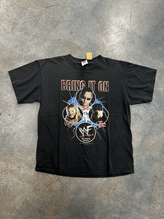 Vintage 2000 WWF "Bring It On" The Rock, Undertaker, Chris Jericho Black Tee B62