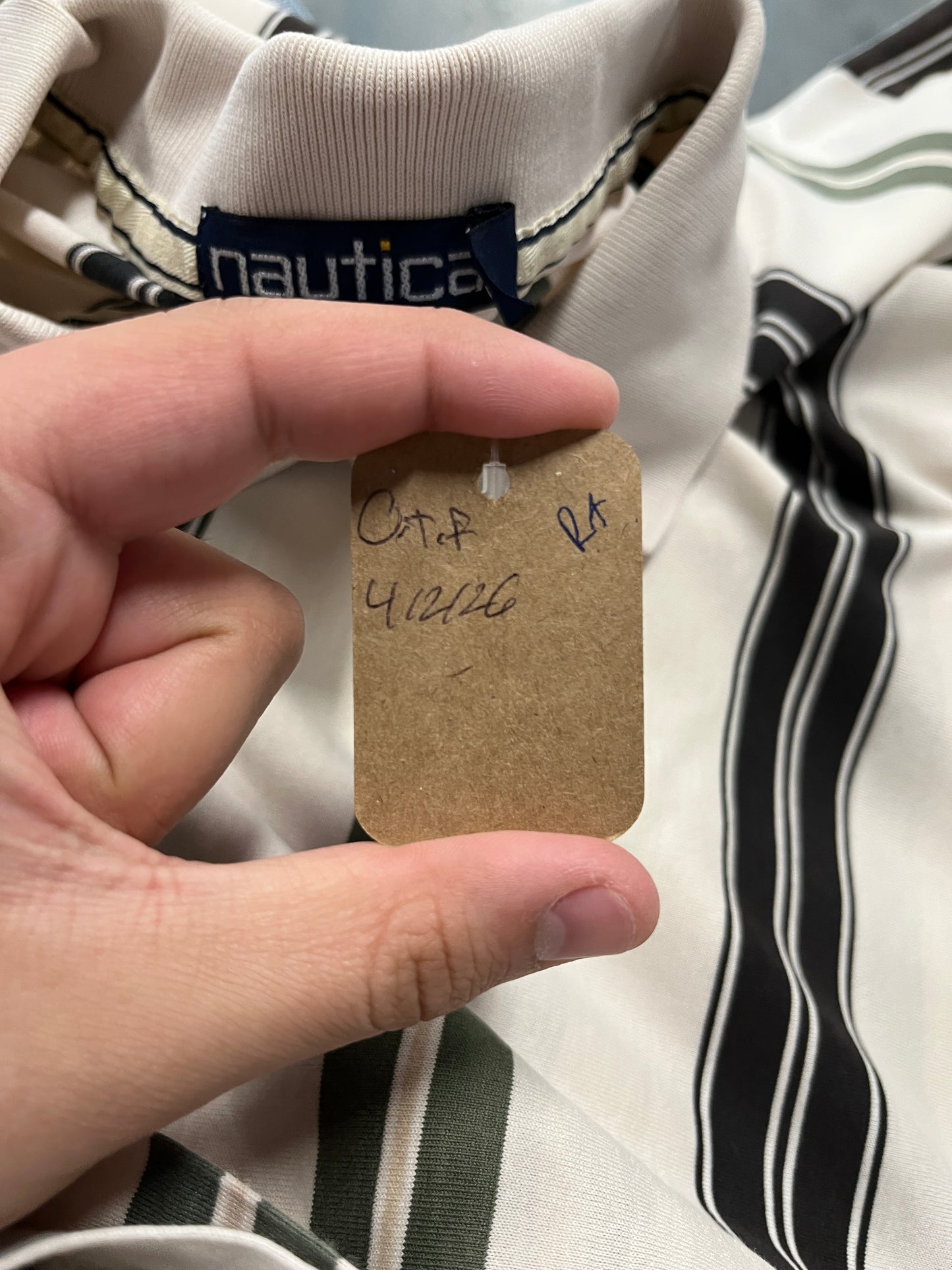 Nautica white black green striped button up shirt OTF
