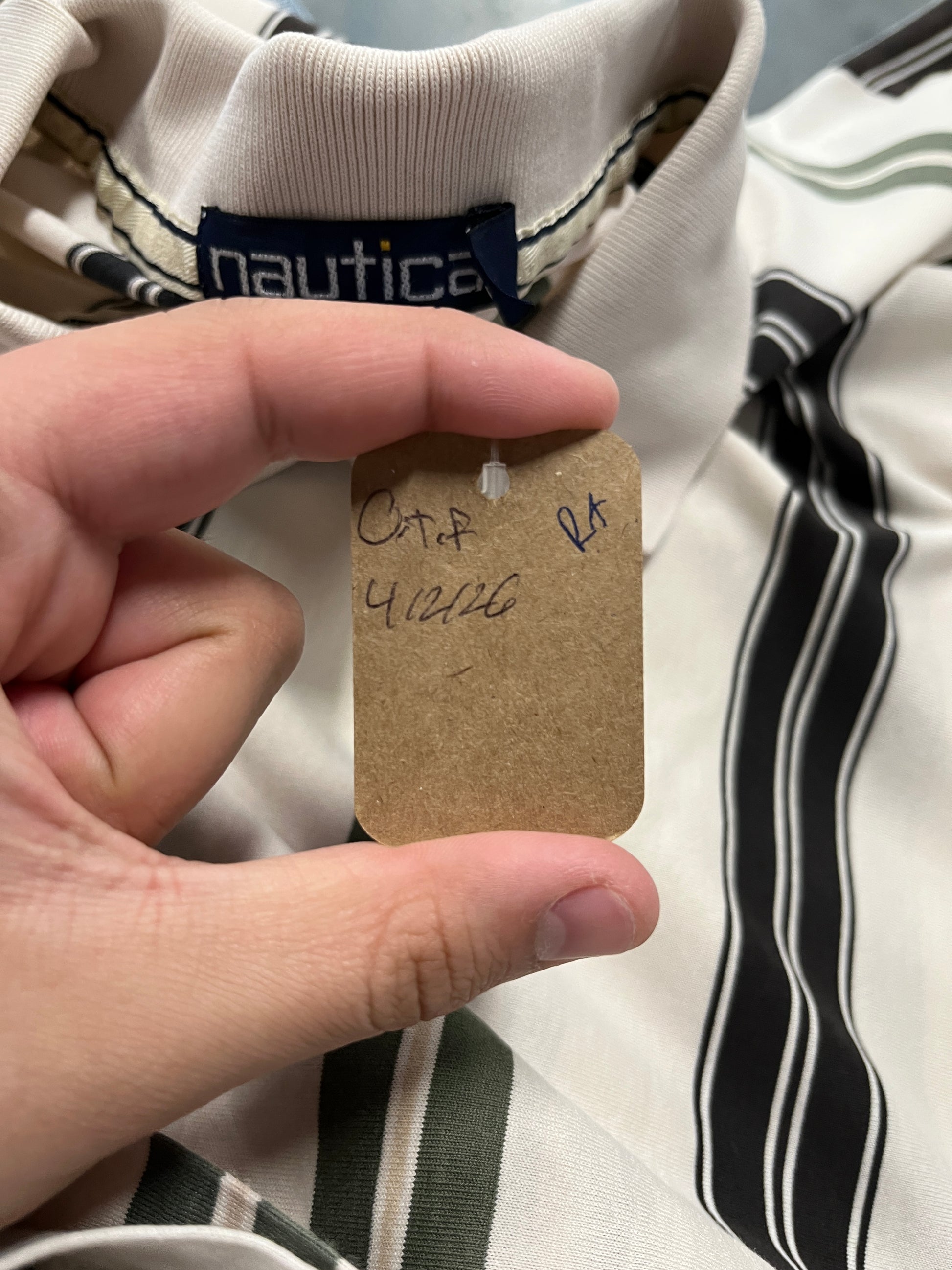 Nautica white black green striped button up shirt OTF