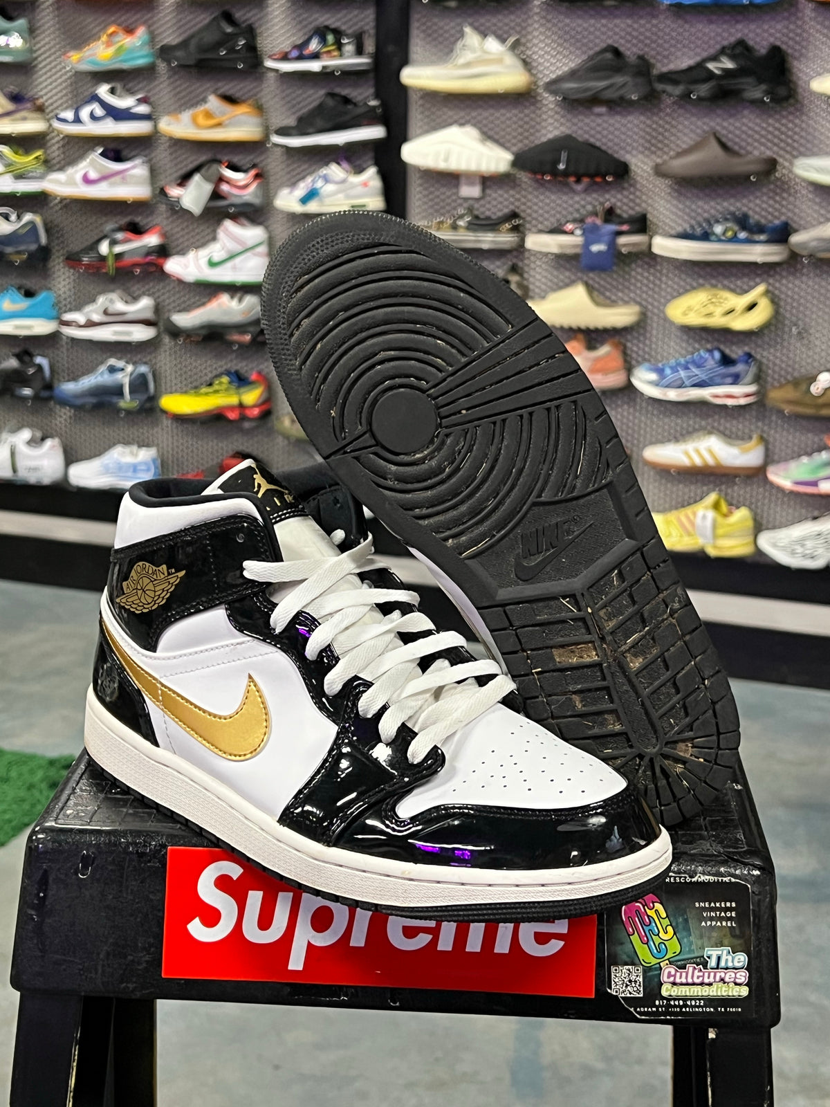 Jordan 1 Mid Patent Black White Gold