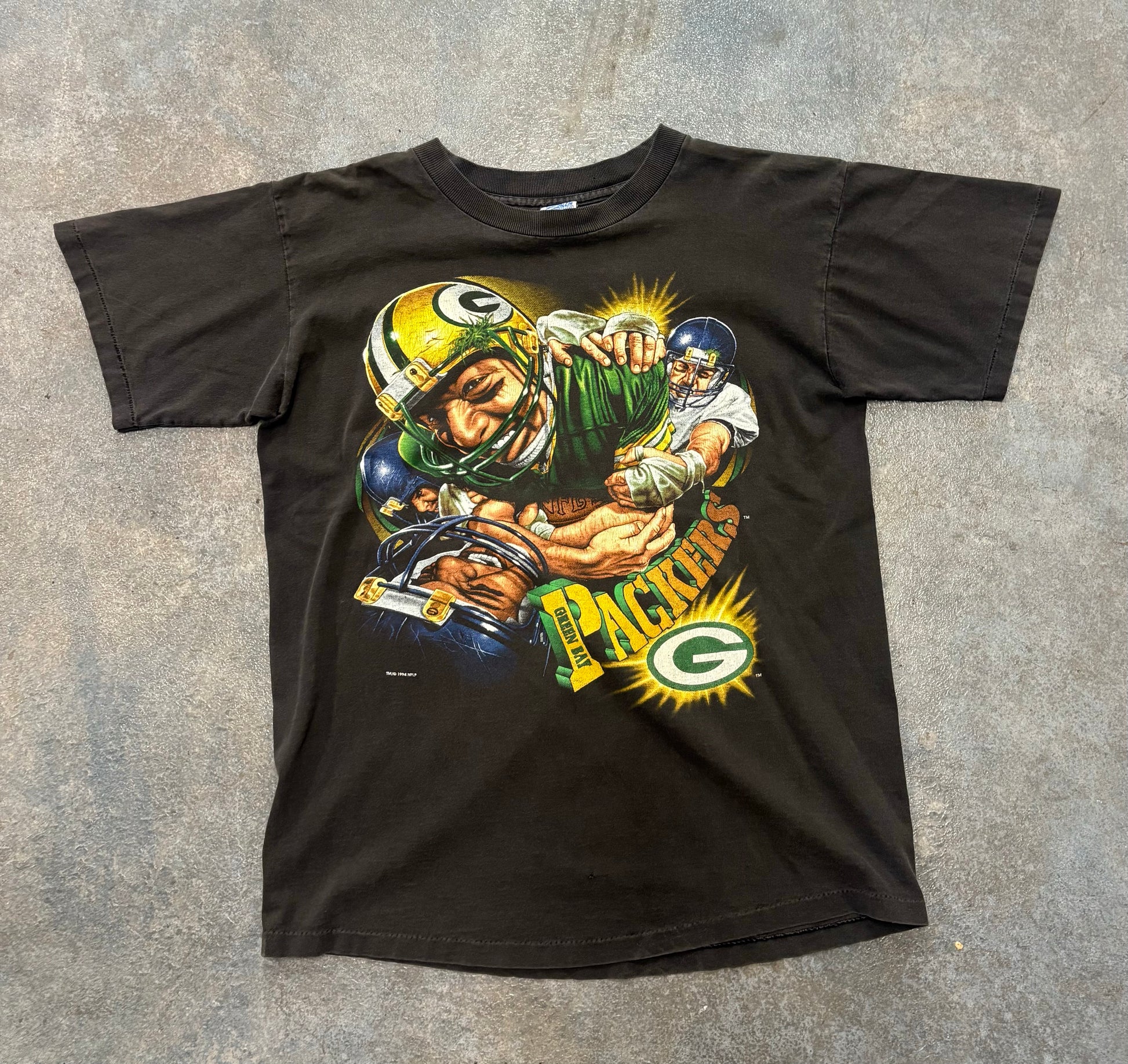 VINTAGE NFL PACKER 1994 TACKLE BLACK TEE FADE OTF
