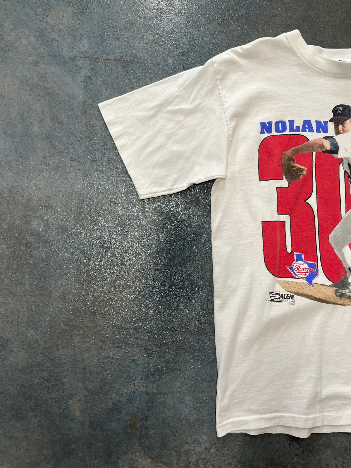 Vintage Salem Sportswear Nolan Ryan Rangers “300 Wins” White Graphic T-Shirt OTF
