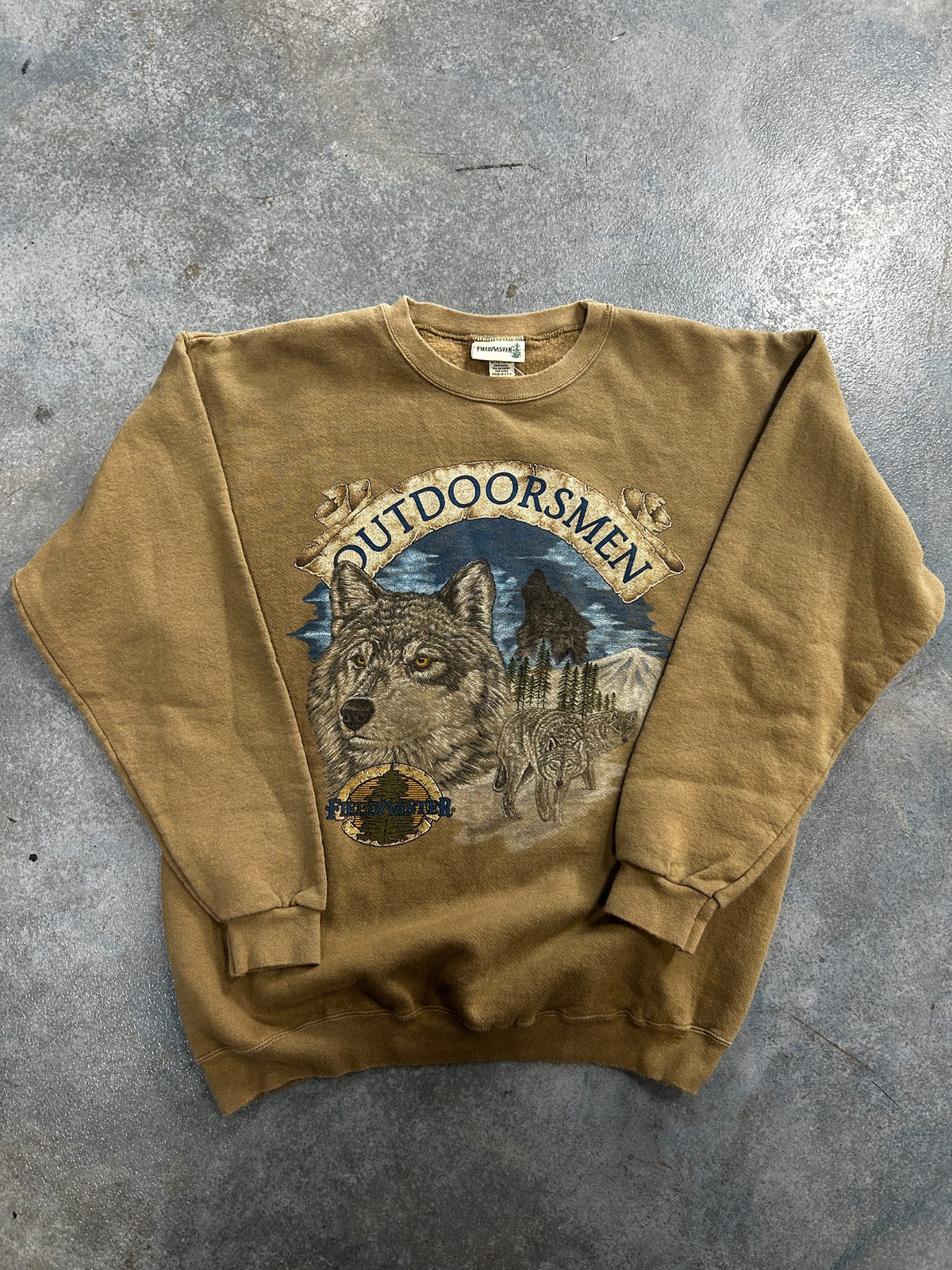Vintage Filedmaster Outdoormen Wolf Crewneck Sweatshirt Large Khaki Made in USA 90s