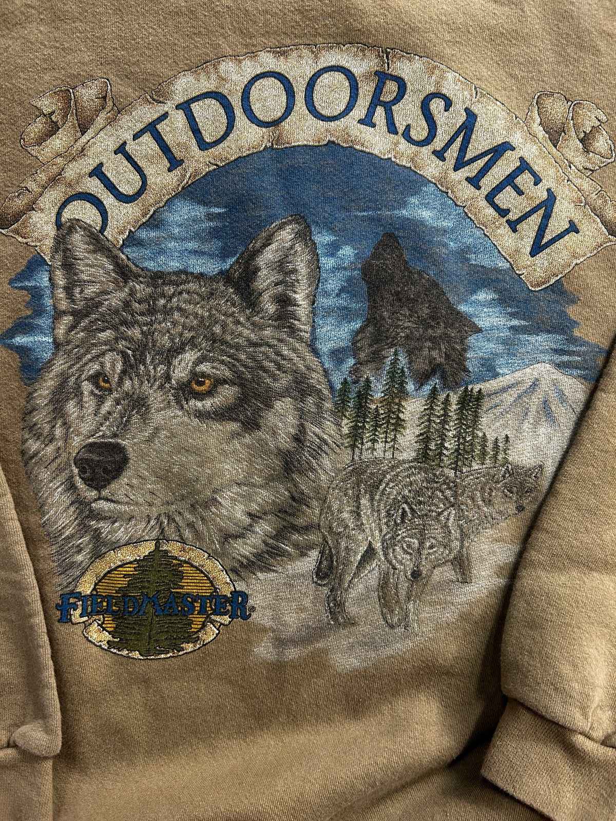 Vintage Filedmaster Outdoormen Wolf Crewneck Sweatshirt Large Khaki Made in USA 90s