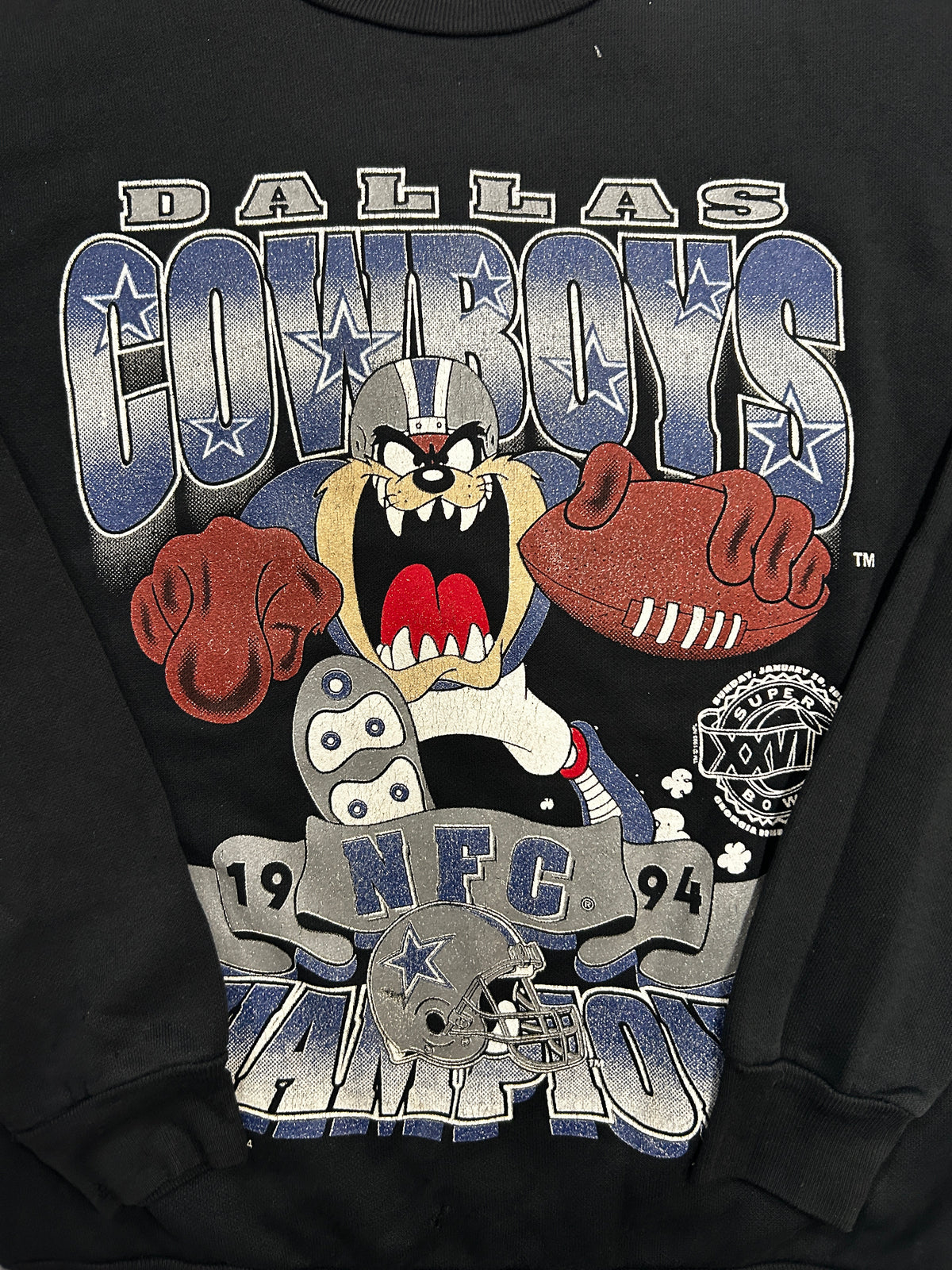 VTG Dallas Cowboys Taz Looney Tunes 1994 Black Pullover Champions Black