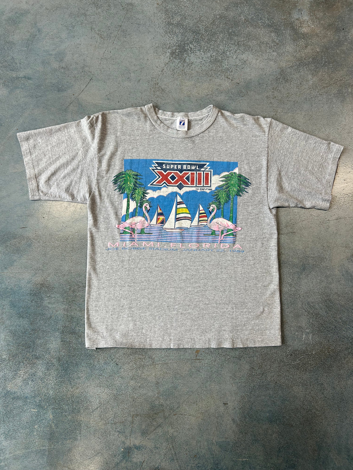 Vintage Logo 7 1988 Superbowl XXIII Miami Florida Joe Robbie Stadium Gray Tee