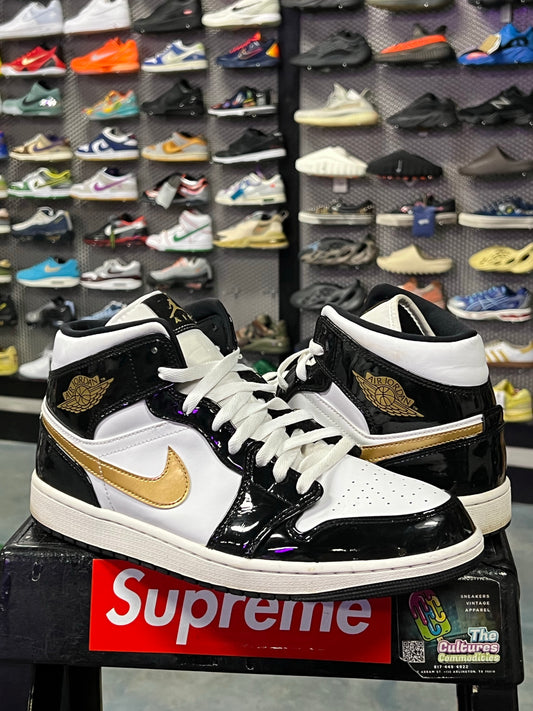 Jordan 1 Mid Patent Black White Gold